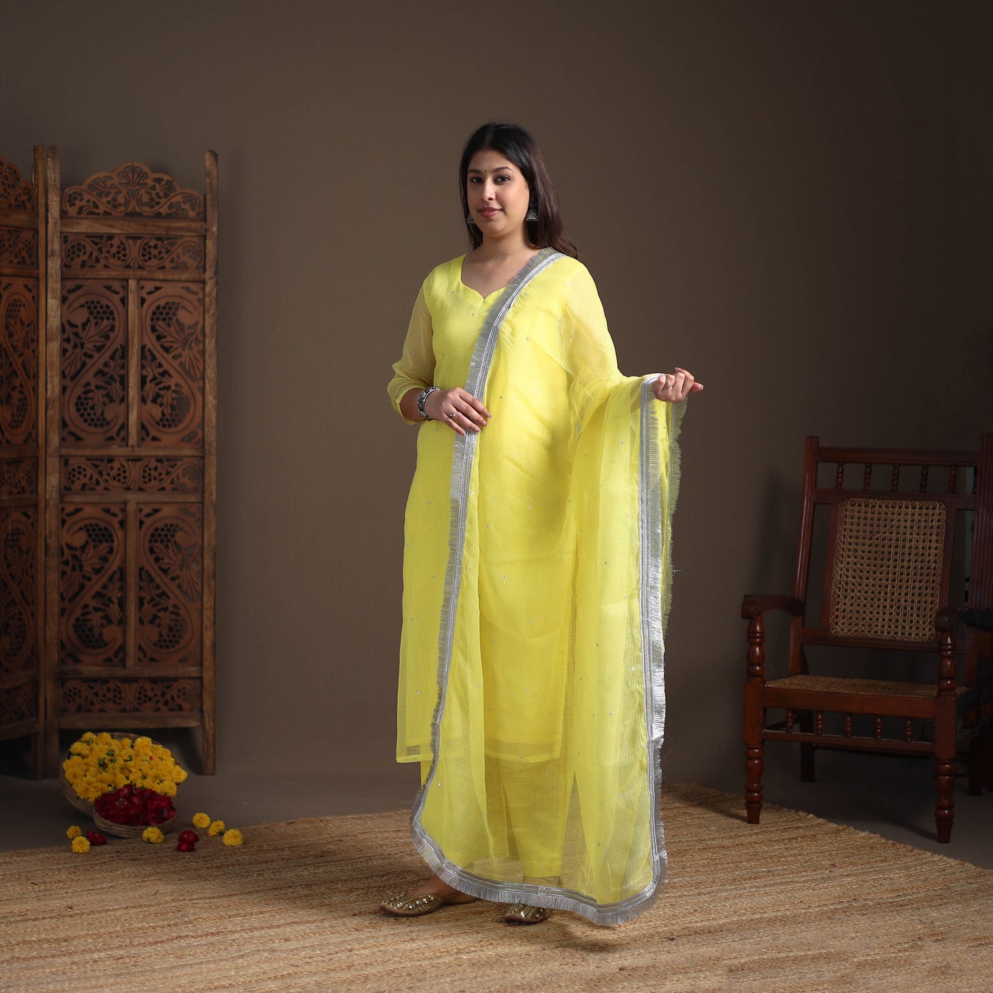 Sequin Work Plain Kota Doria Cotton Suit Set with Lace Work Dupatta for Women 08