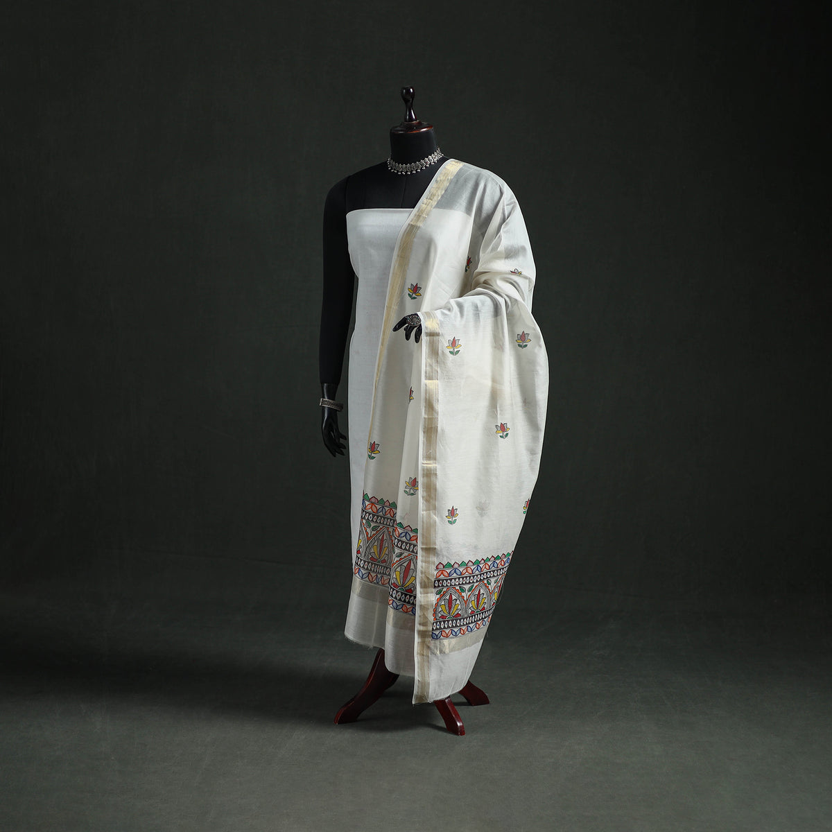 Handloom Chanderi Silk Handpainted Madhubani Dupatta with Zari Border 19