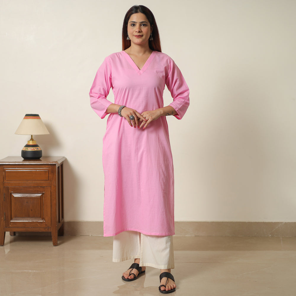 Lavender Pink - Plain Cotton Long Straight Kurta 08