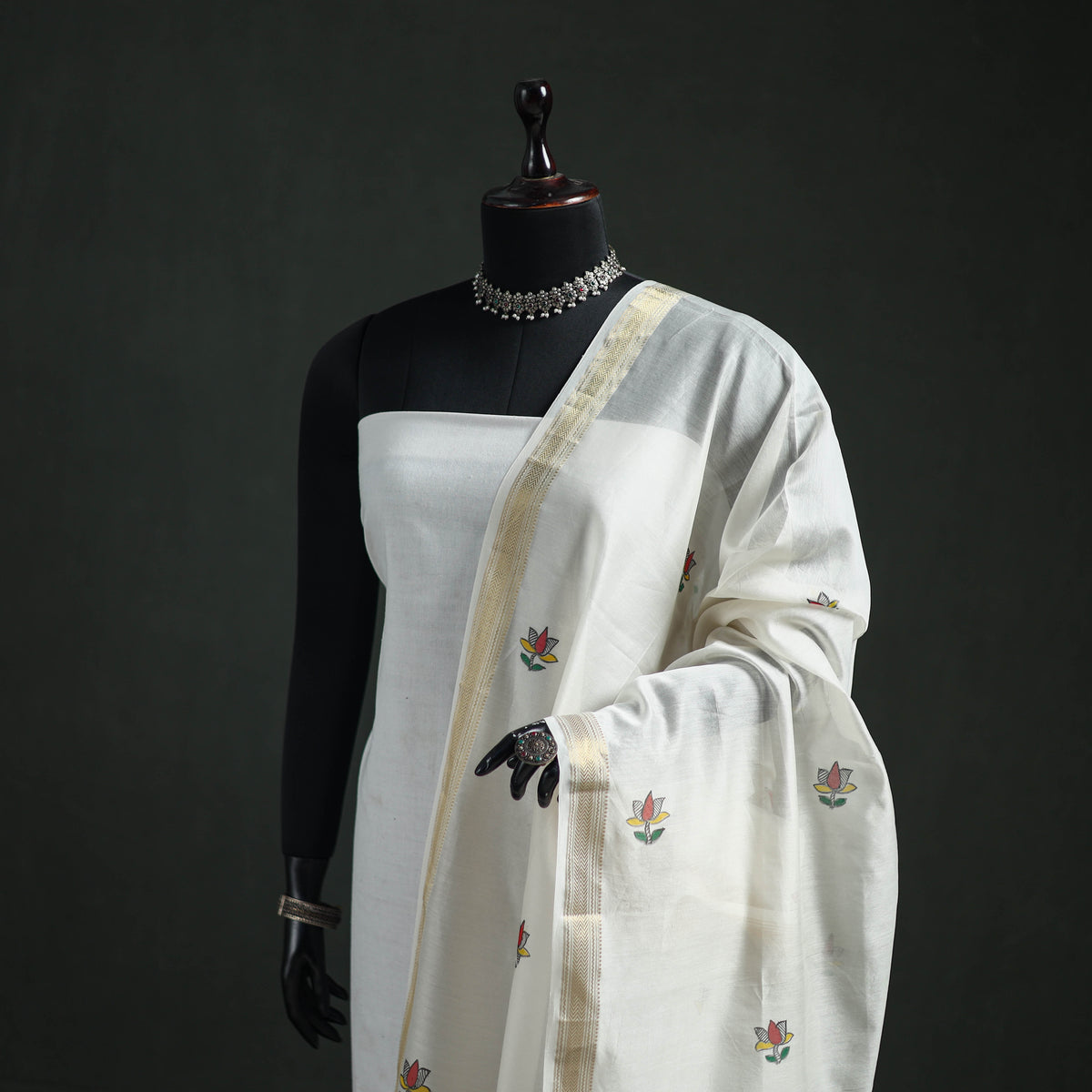 Handloom Chanderi Silk Handpainted Madhubani Dupatta with Zari Border 19