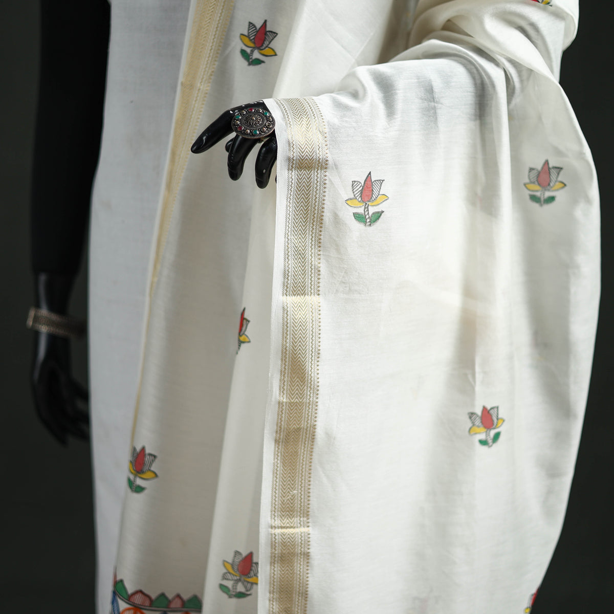 Handloom Chanderi Silk Handpainted Madhubani Dupatta with Zari Border 19