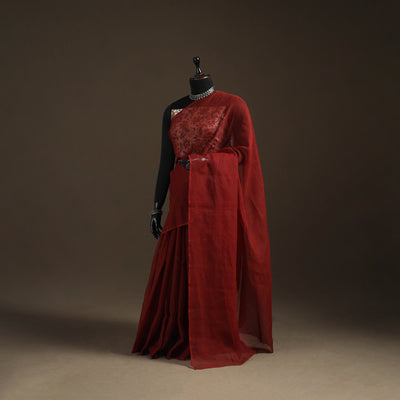 Maroon - Nazaakat Kota Doria Cotton Plain Saree with Blouse Piece & Earrings 01