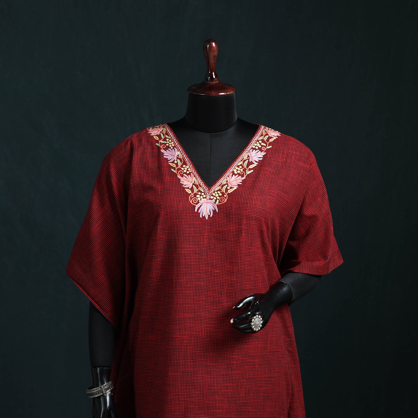 Red - Kashmiri Aari Hand Embroidered Cotton Kaftan (Long) 53