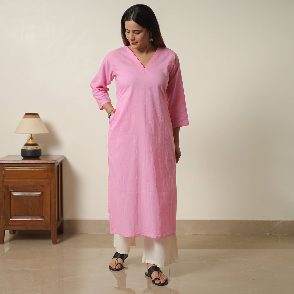 Lavender Pink - Plain Cotton Long Straight Kurta 08