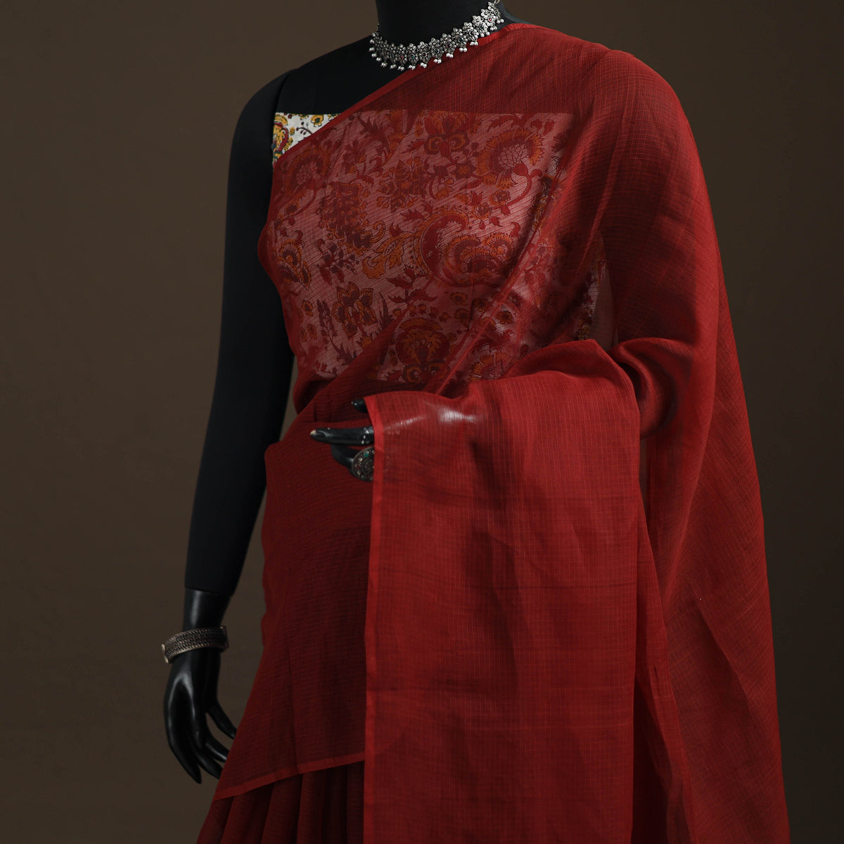 Maroon - Nazaakat Kota Doria Cotton Plain Saree with Blouse Piece & Earrings 01
