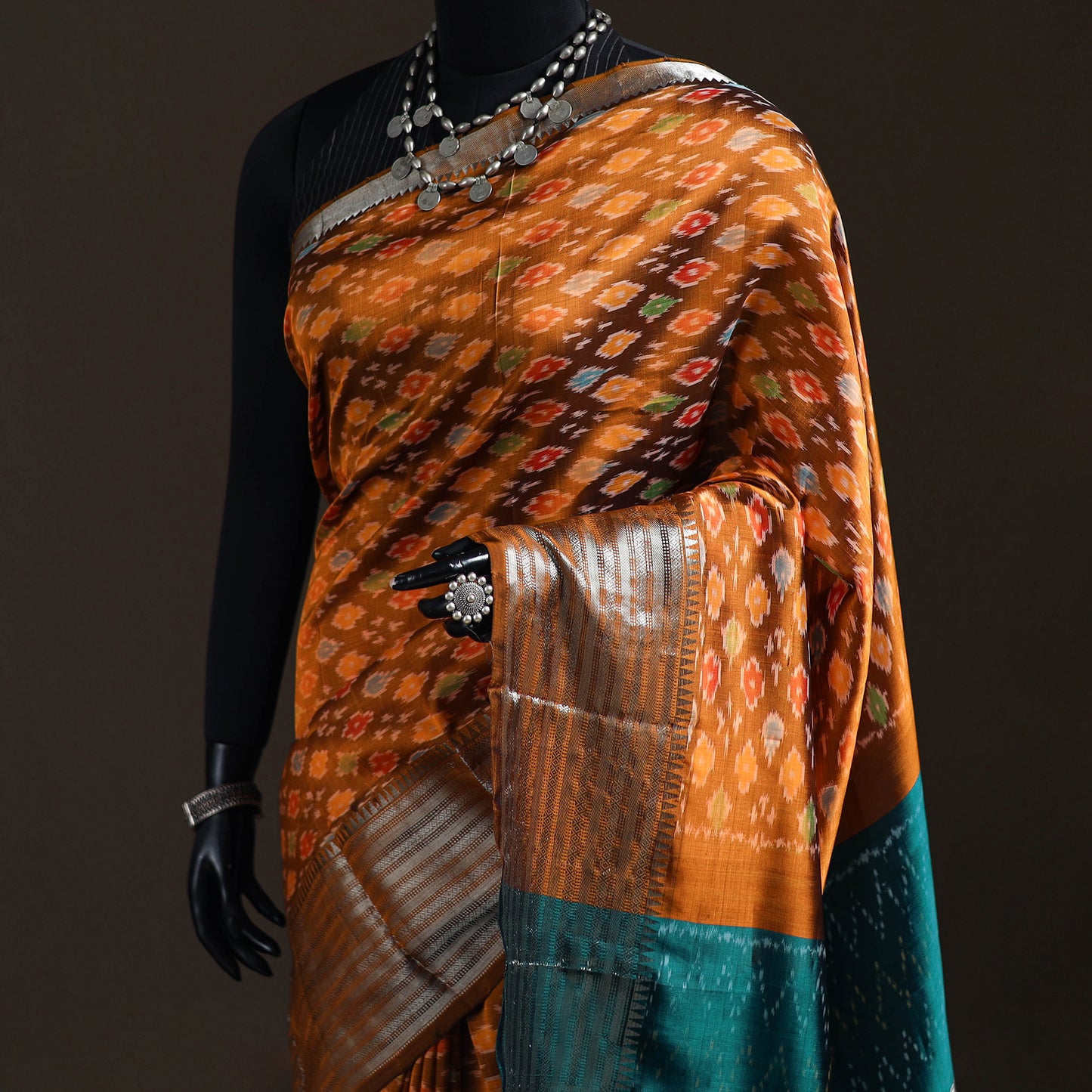 Orange - Traditional Pochampally Ikat Handwoven Pure Silk Pattu Saree with Rudraksha Border 11