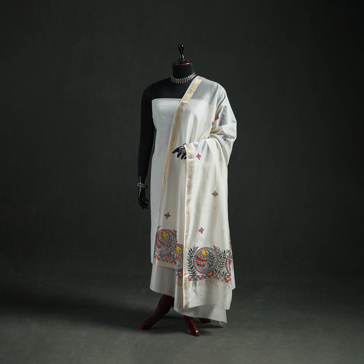Handloom Chanderi Silk Handpainted Madhubani Dupatta with Zari Border 20
