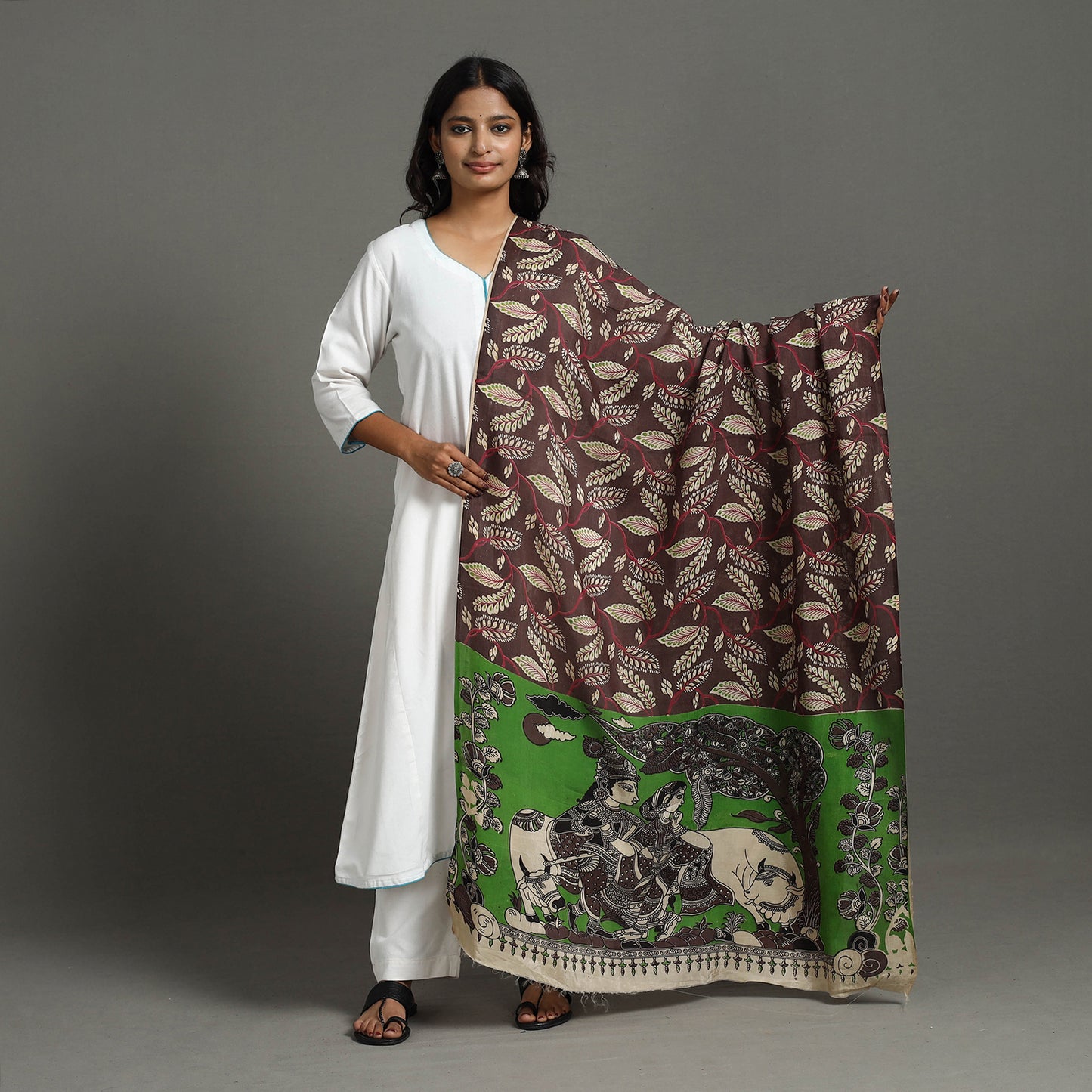 Brown - Printed Silk Cotton Kalamkari Dupatta 25