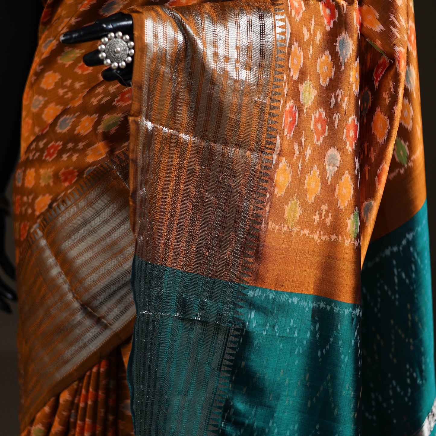 Orange - Traditional Pochampally Ikat Handwoven Pure Silk Pattu Saree with Rudraksha Border 11