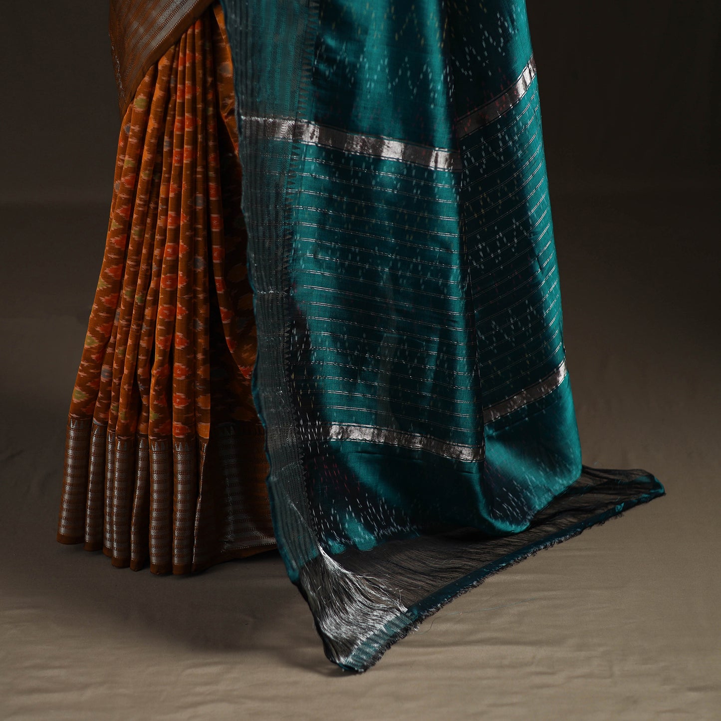 Orange - Traditional Pochampally Ikat Handwoven Pure Silk Pattu Saree with Rudraksha Border 11