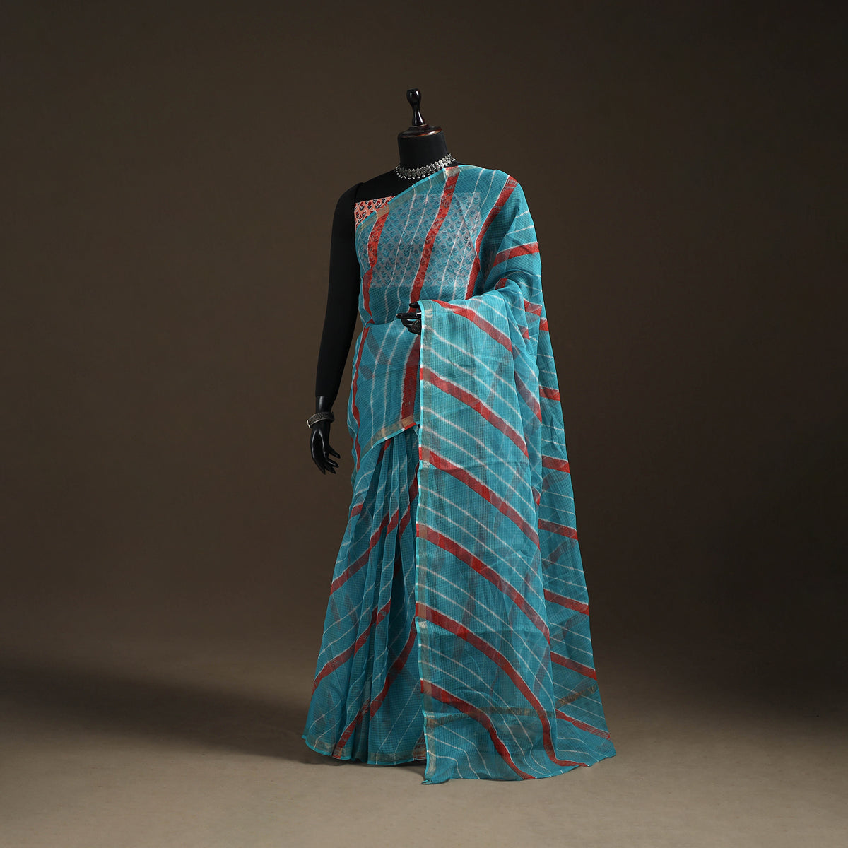 Blue - Kota Doria Cotton Leheriya Tie-Dye Saree with Blouse Piece & Earrings 02