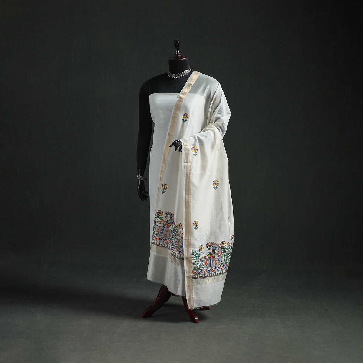 Handloom Chanderi Silk Handpainted Madhubani Dupatta with Zari Border 21