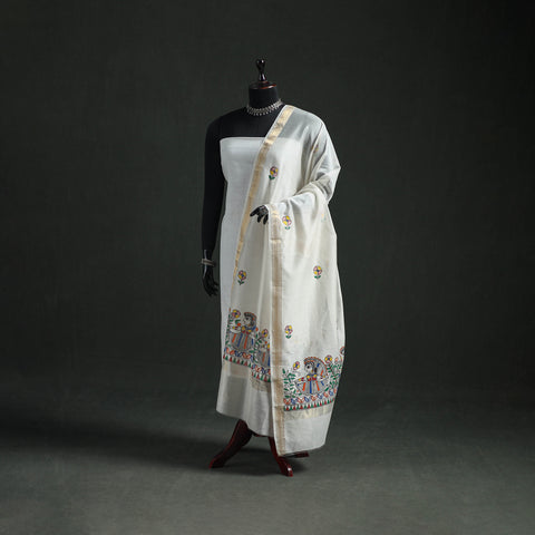 White - Handloom Chanderi Silk Handpainted Madhubani Dupatta with Zari Border 21