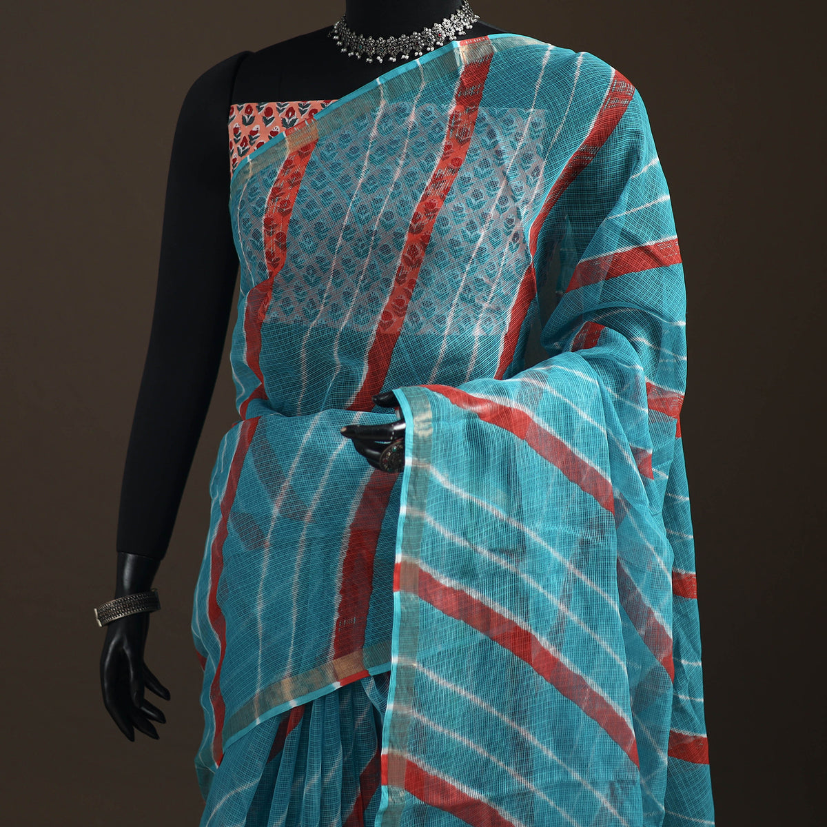 Blue - Kota Doria Cotton Leheriya Tie-Dye Saree with Blouse Piece & Earrings 02