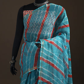 Blue - Kota Doria Cotton Leheriya Tie-Dye Saree with Blouse Piece & Earrings 02