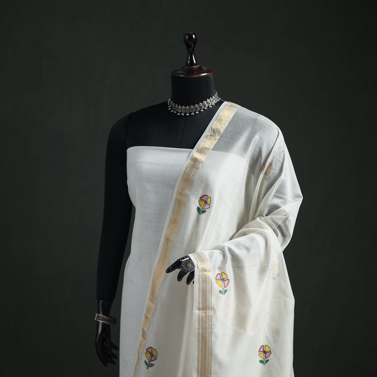 Handloom Chanderi Silk Handpainted Madhubani Dupatta with Zari Border 21