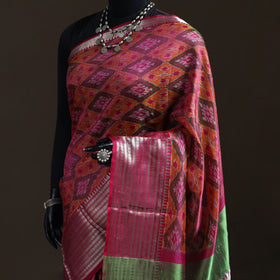 Pink - Traditional Pochampally Ikat Handwoven Pure Silk Pattu Saree with Rudraksha Border 12