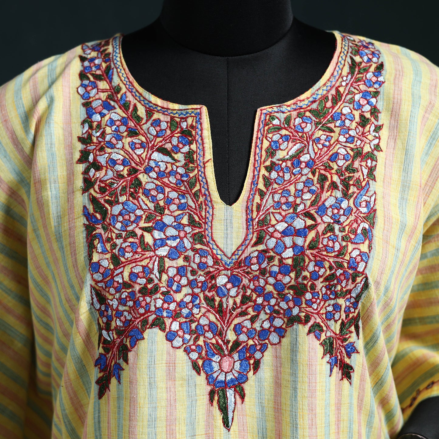 Yellow - Kashmiri Kashida Hand Embroidered Cotton Kaftan (Medium) 54