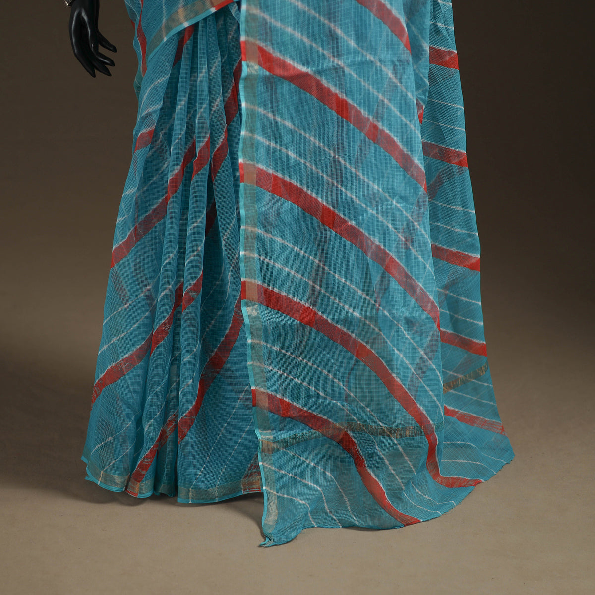 Blue - Kota Doria Cotton Leheriya Tie-Dye Saree with Blouse Piece & Earrings 02