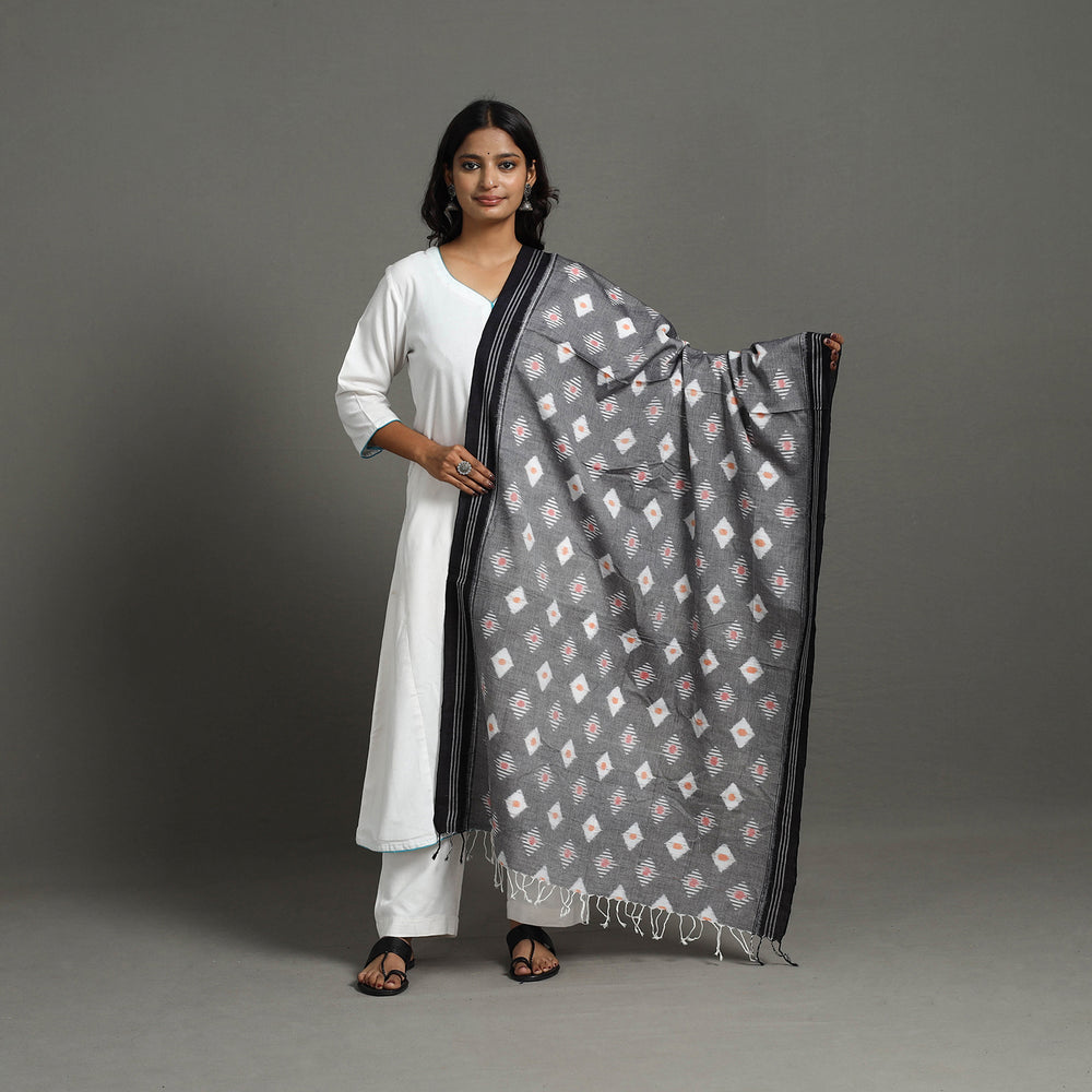 Grey - Handloom Cotton Maniabandha Ikat Dupatta 27