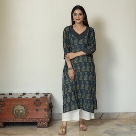 Buy Ajrakh Block Printed Mul Cotton Straight Kurta for Women