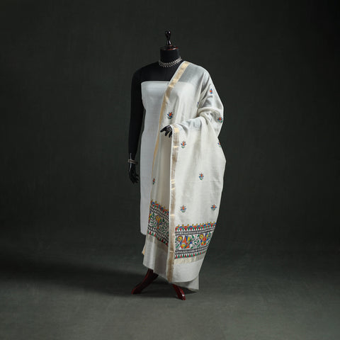 White - Handloom Chanderi Silk Handpainted Madhubani Dupatta with Zari Border 22