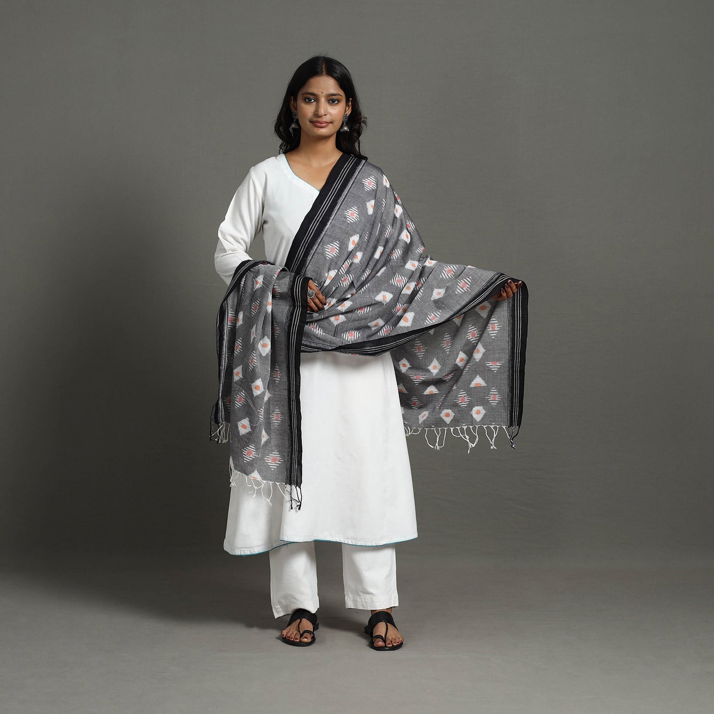 Grey - Handloom Cotton Maniabandha Ikat Dupatta 27