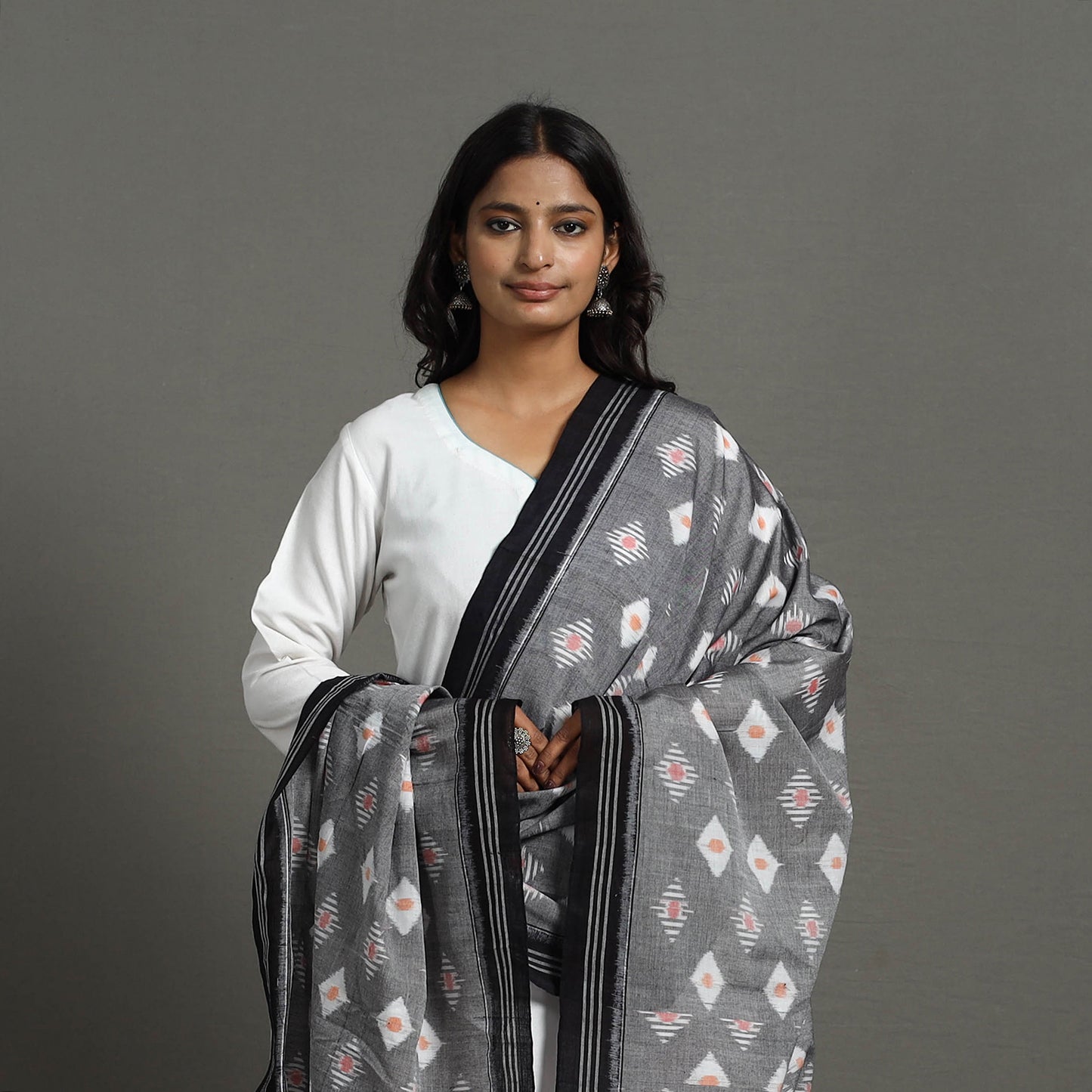 Grey - Handloom Cotton Maniabandha Ikat Dupatta 27