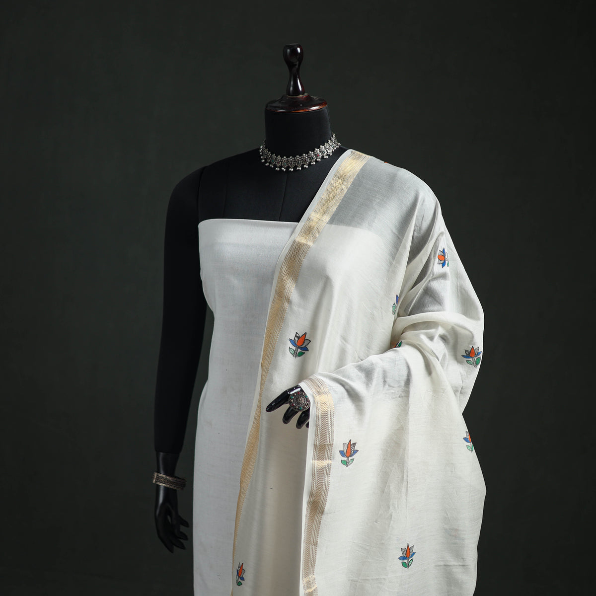 Handloom Chanderi Silk Handpainted Madhubani Dupatta with Zari Border 22