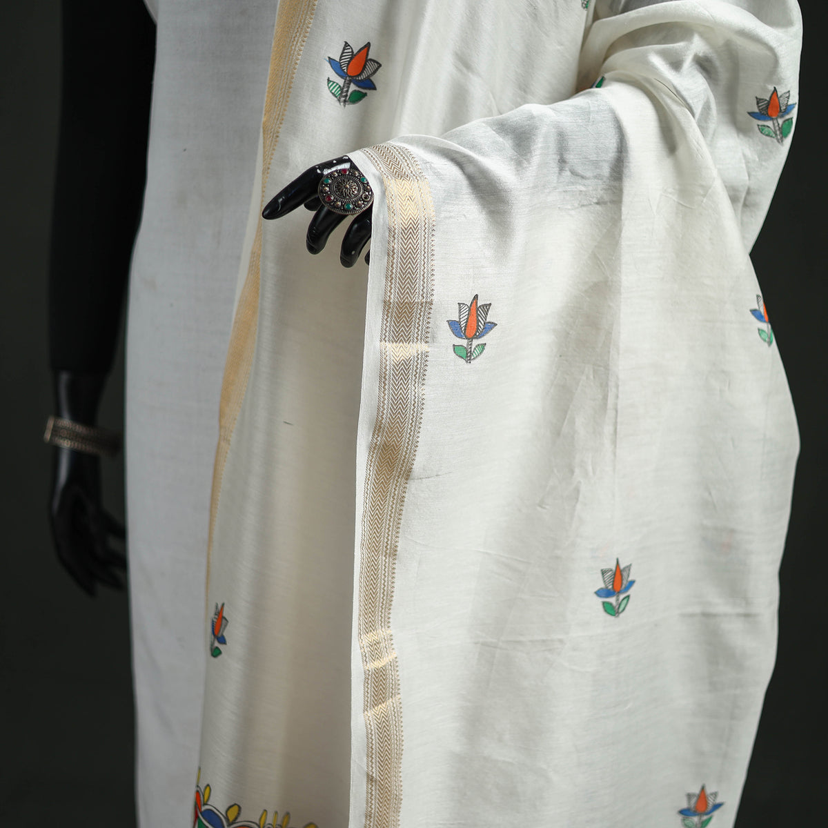 Handloom Chanderi Silk Handpainted Madhubani Dupatta with Zari Border 22