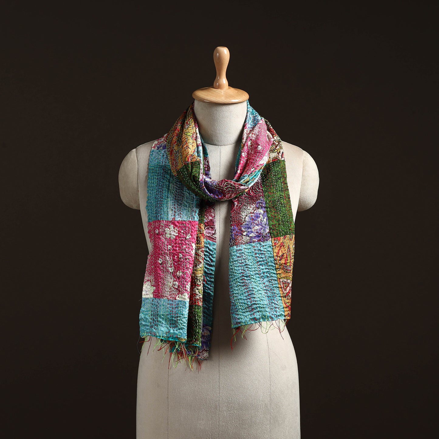 Patchwork Reversible Silk Bengal Hand Kantha Stitch Stole 75