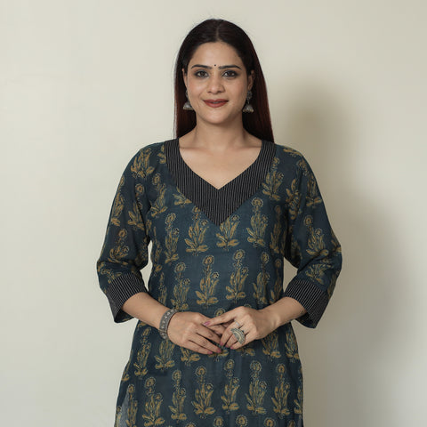 Blue - Ajrakh Block Printed Mul Cotton Straight Kurta 15