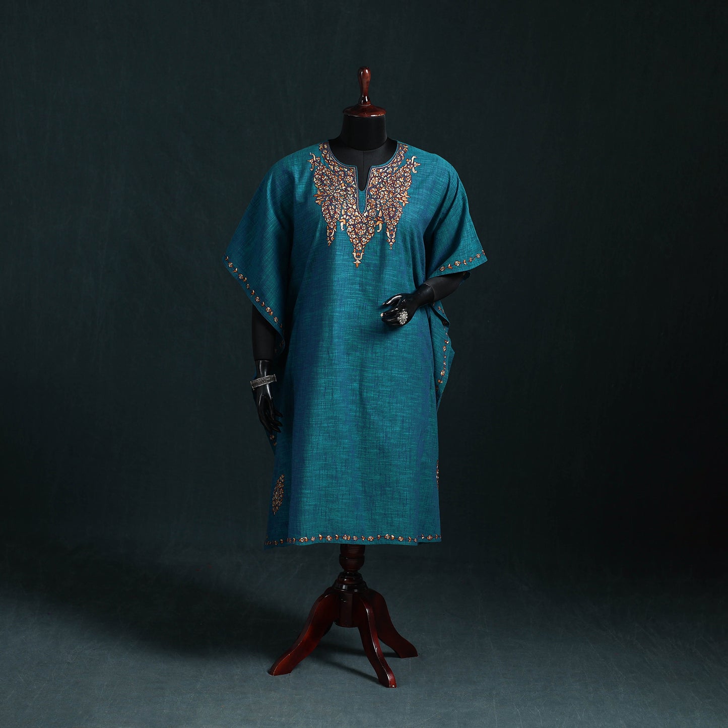 Blue - Kashmiri Kashida Hand Embroidered Cotton Kaftan (Medium) 55