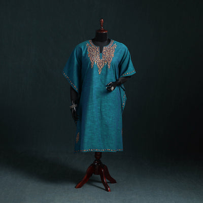 Blue - Kashmiri Kashida Hand Embroidered Cotton Kaftan (Medium) 55