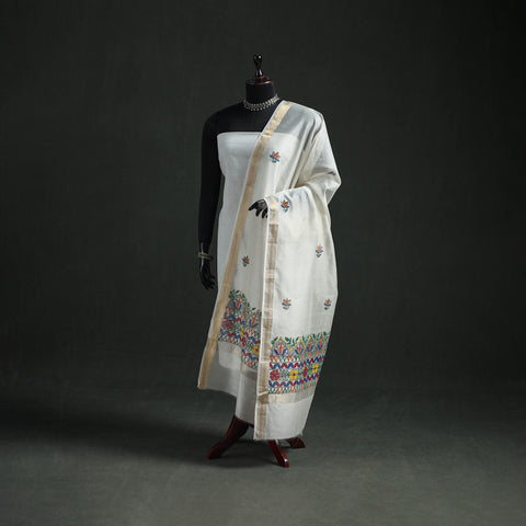 White - Handloom Chanderi Silk Handpainted Madhubani Dupatta with Zari Border 23