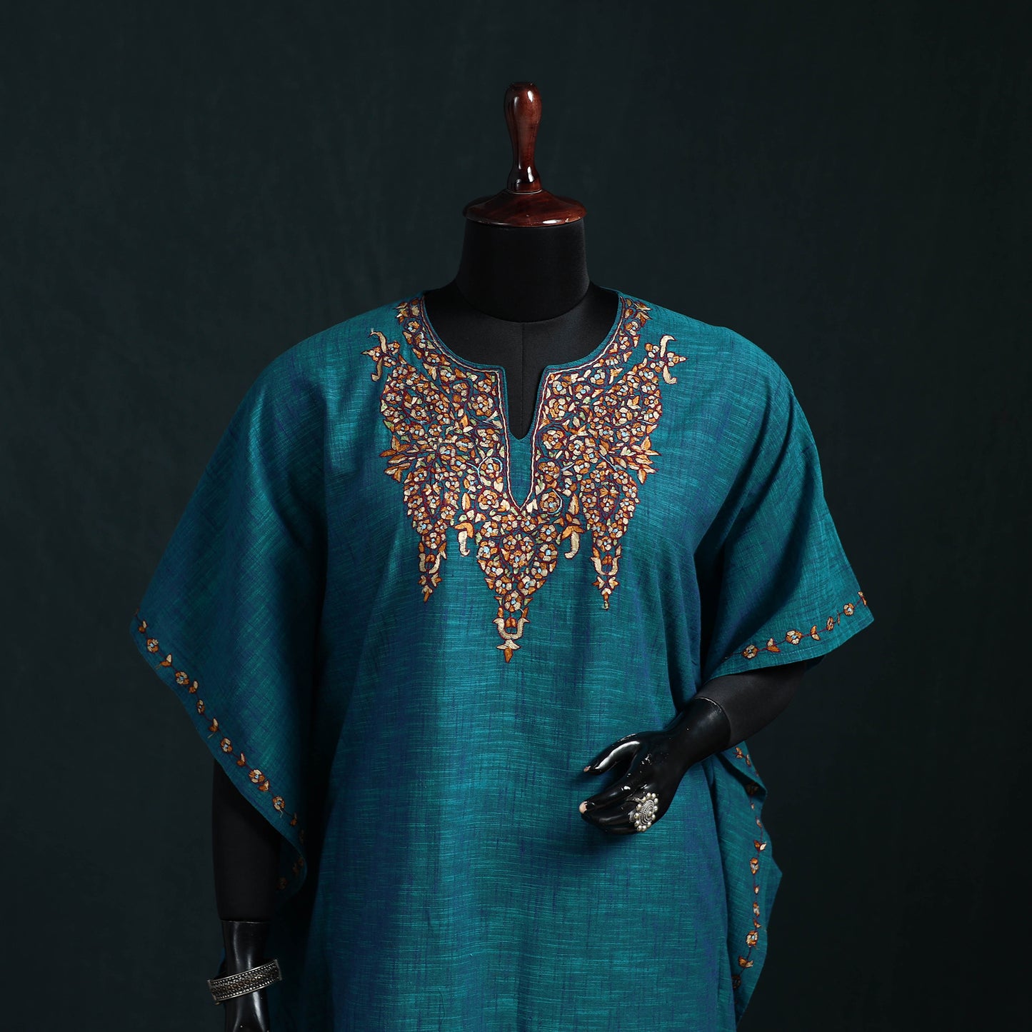 Blue - Kashmiri Kashida Hand Embroidered Cotton Kaftan (Medium) 55