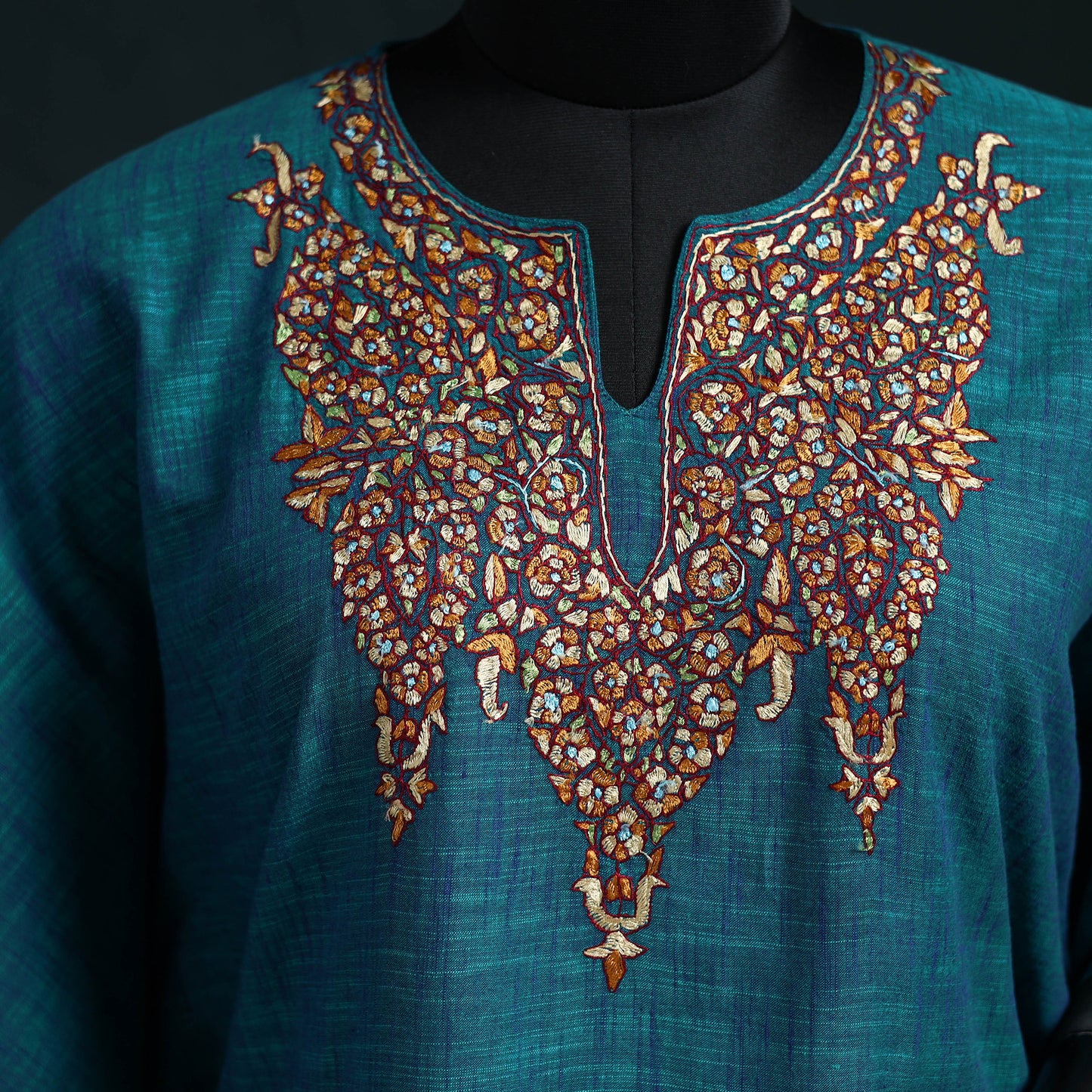 Blue - Kashmiri Kashida Hand Embroidered Cotton Kaftan (Medium) 55