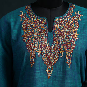 Blue - Kashmiri Kashida Hand Embroidered Cotton Kaftan (Medium) 55