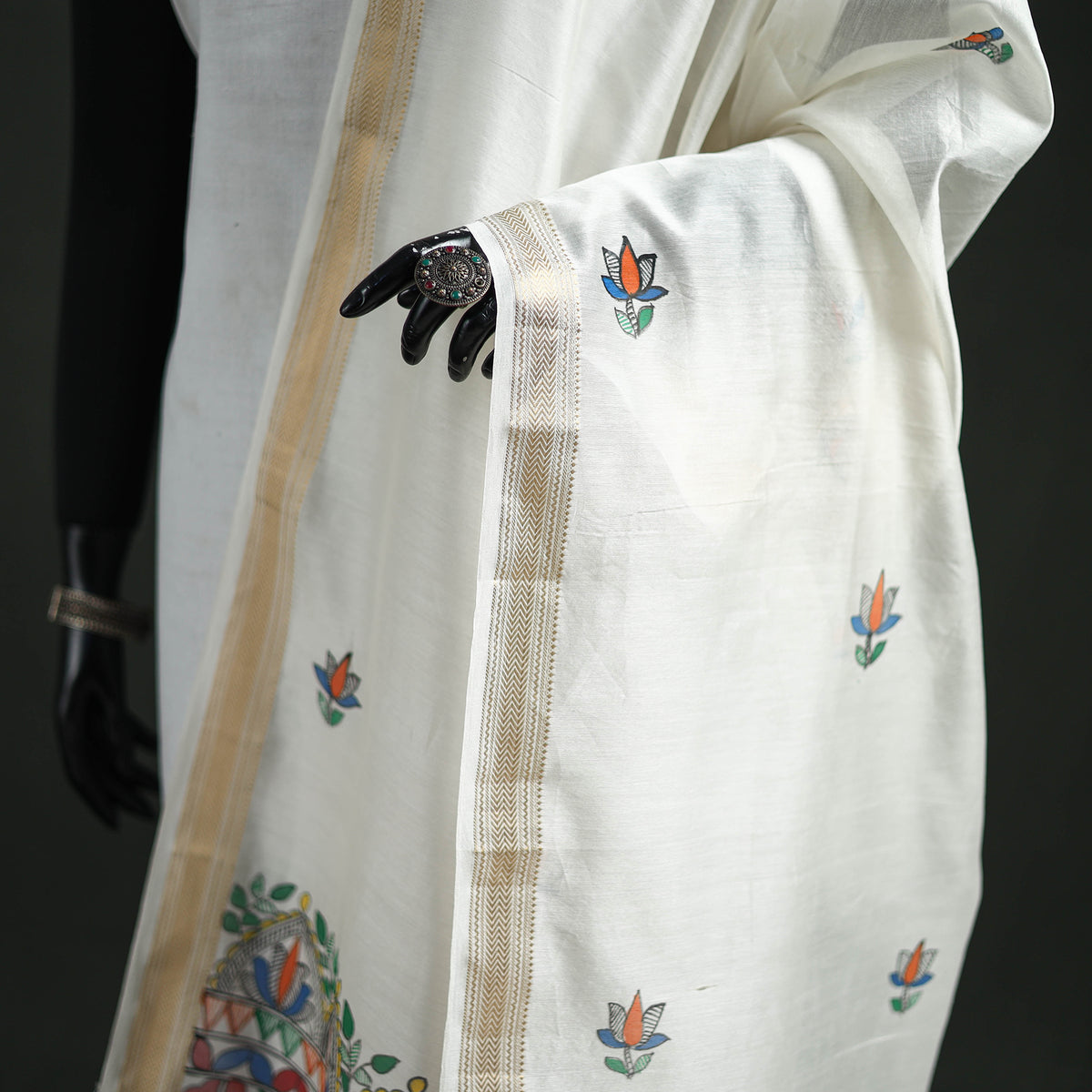 Handloom Chanderi Silk Handpainted Madhubani Dupatta with Zari Border 23