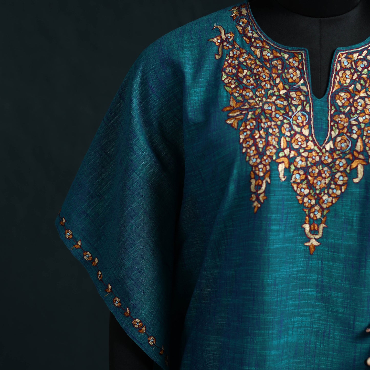 Blue - Kashmiri Kashida Hand Embroidered Cotton Kaftan (Medium) 55