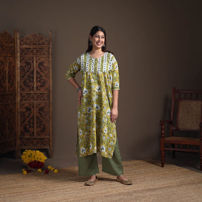 Gota Work Floral Sanganeri Block Print Cotton Straight Long Kurta for Women 04