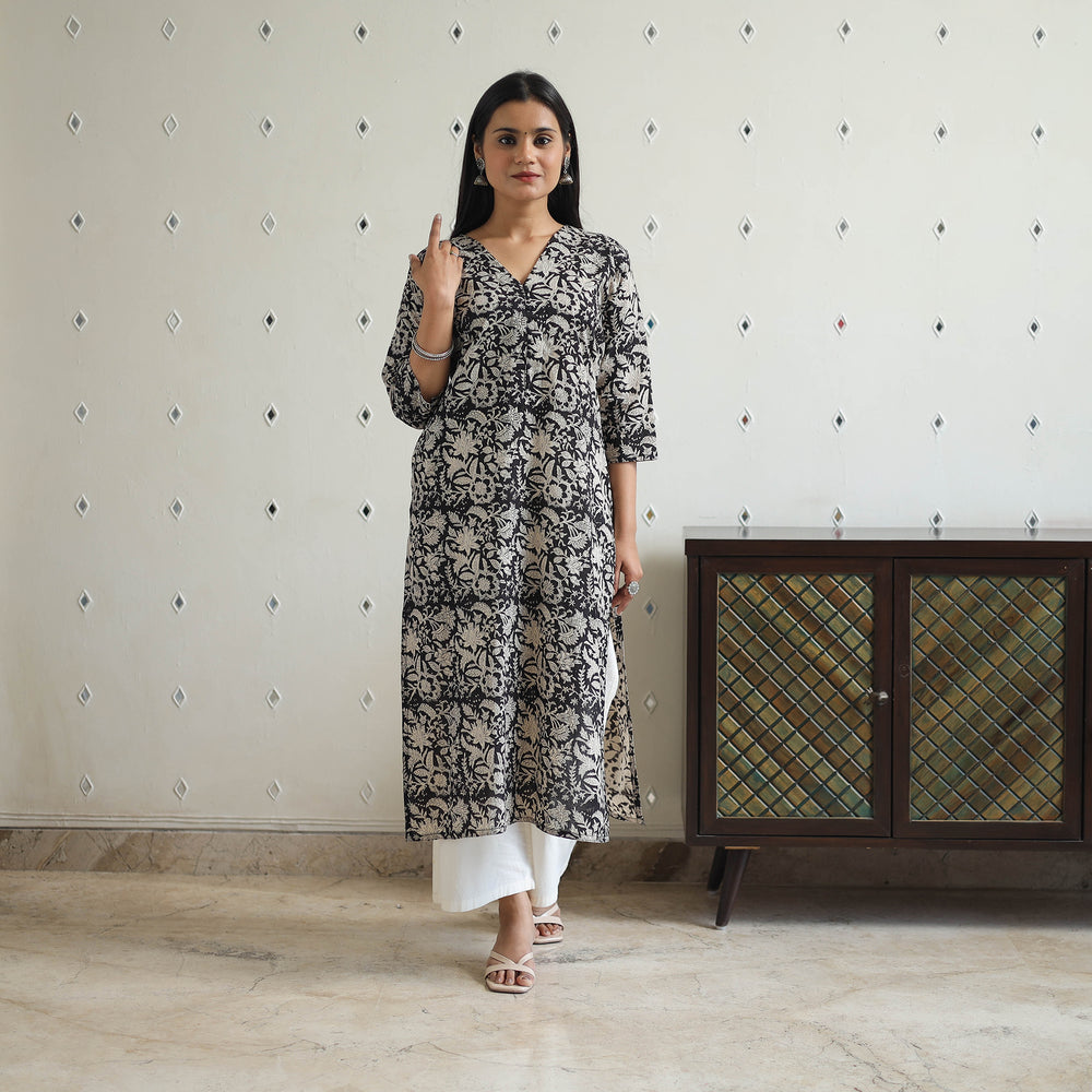 Black - Hand Block Printed Cotton Straight Bagru Kurta 08