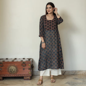 Buy Ajrakh Block Printed Mul Cotton A-Line Kurta for Women