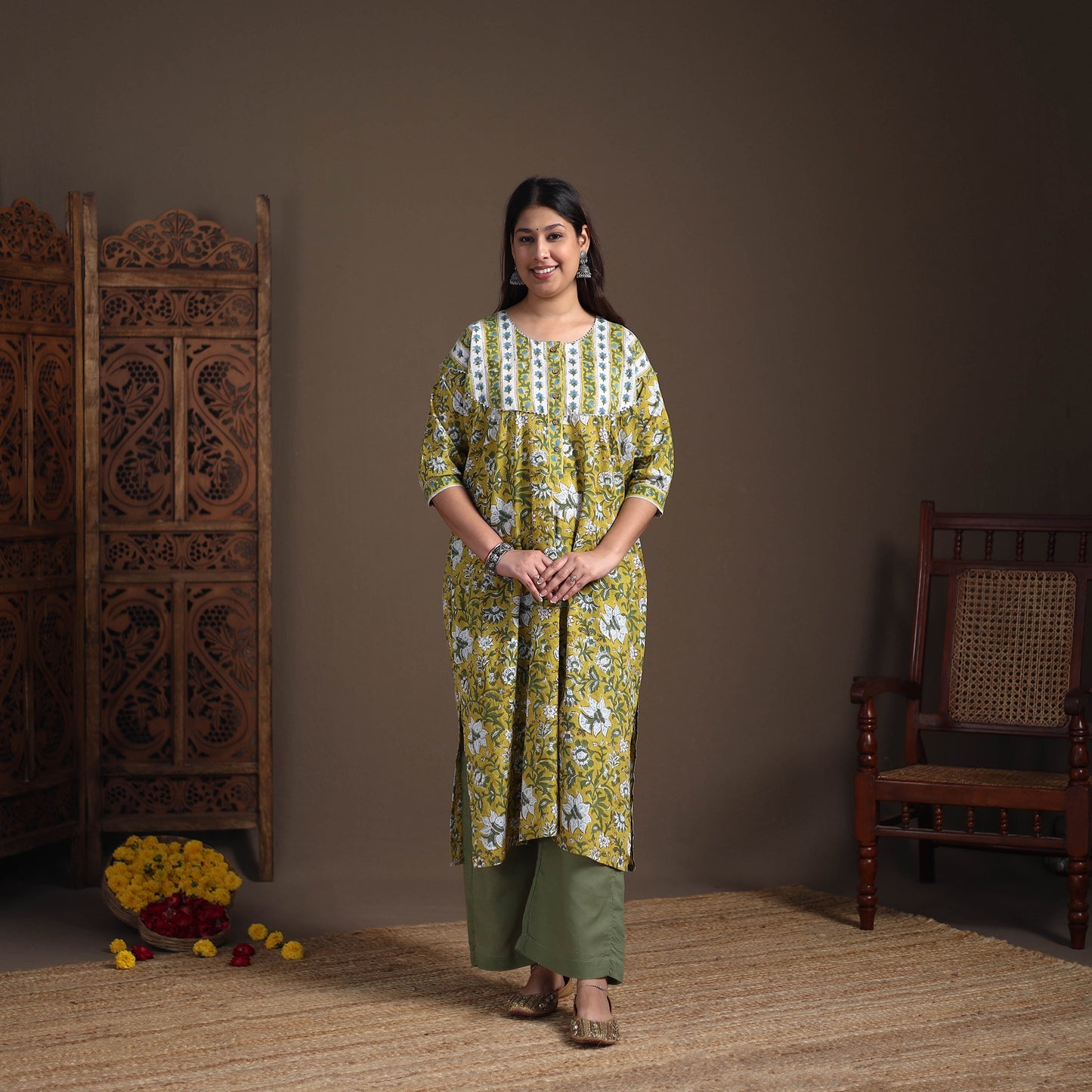 Gota Work Floral Sanganeri Block Print Cotton Straight Long Kurta for Women 04