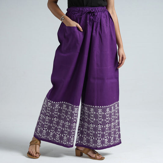 Purple - Bengal Kantha Embroidery Cotton Palazzo 57