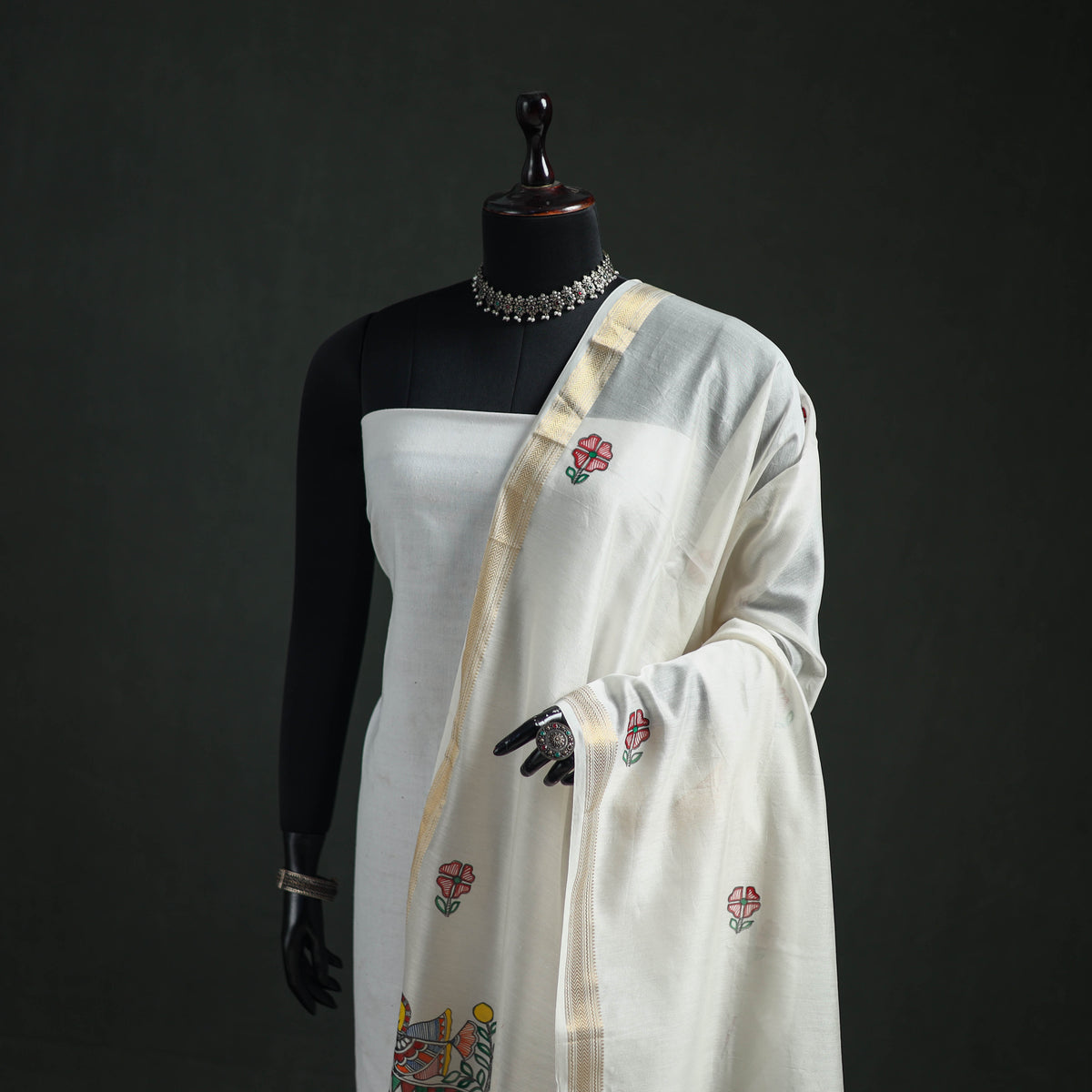 Handloom Chanderi Silk Handpainted Madhubani Dupatta with Zari Border 24