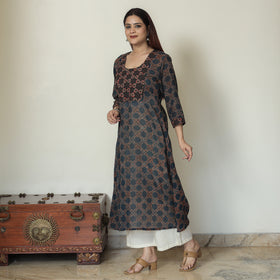 Buy Ajrakh Block Printed Mul Cotton A-Line Kurta for Women
