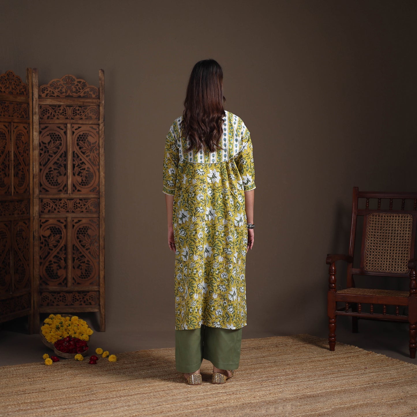 Gota Work Floral Sanganeri Block Print Cotton Straight Long Kurta for Women 04