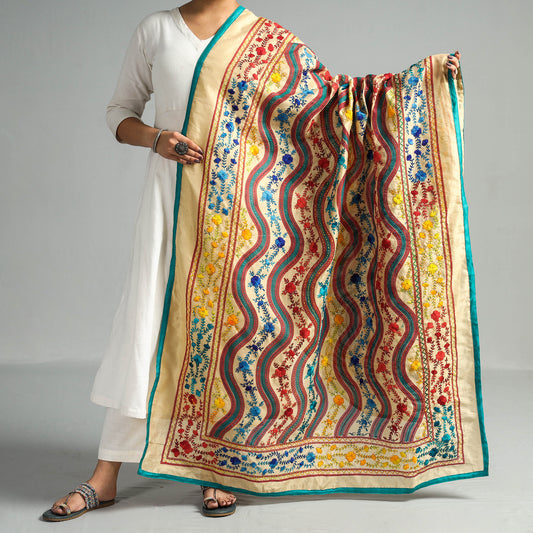 Multicolor - Ranihati Chanderi Silk Chapa Work Phulkari Embroidered Printed Dupatta
