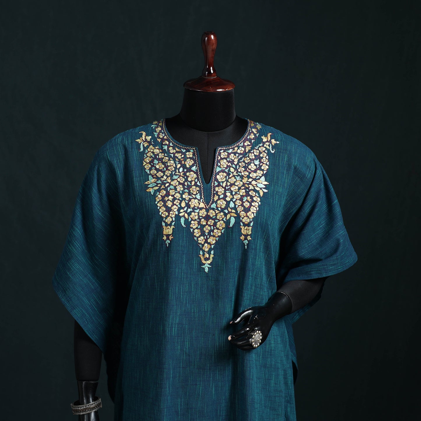 Blue - Kashmiri Kashida Hand Embroidered Cotton Kaftan (Medium) 56